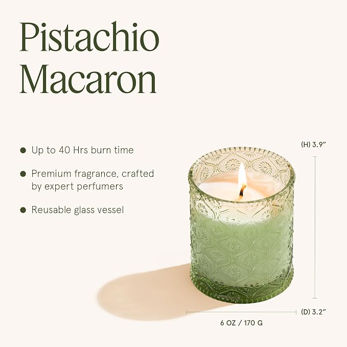 Pistachio Macaron Scented Candle | Pistachio, Milk & Vanilla | 6 oz Natural Soy Wax | 40 Hours Clean Burn