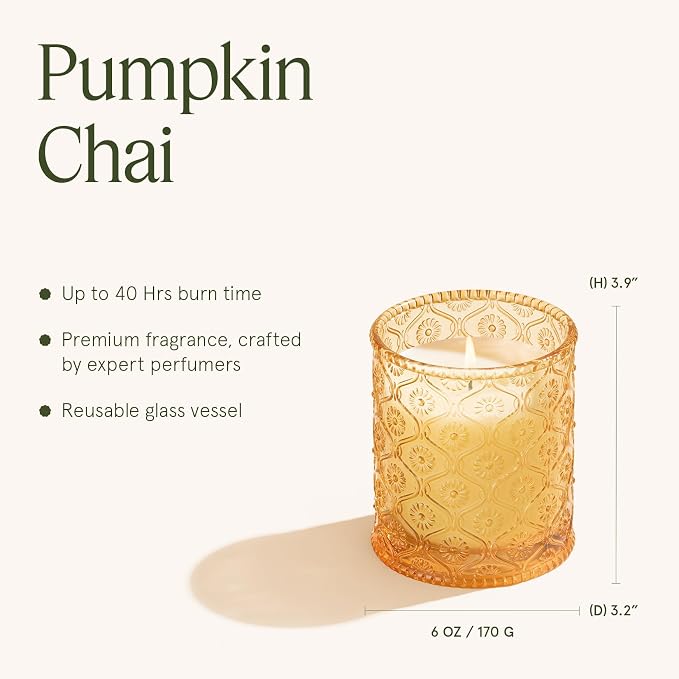 Pumpkin Chai Candle – Pumpkin, Spicy Chai & Vanilla Scent | 6 oz Natural Soy Wax | 40 Hours Clean Burn