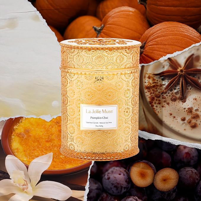 Pumpkin Chai Candle – Pumpkin, Spicy Chai & Vanilla Scent | 19 oz Large Wooden Wick| Natural Soy Wax | 90