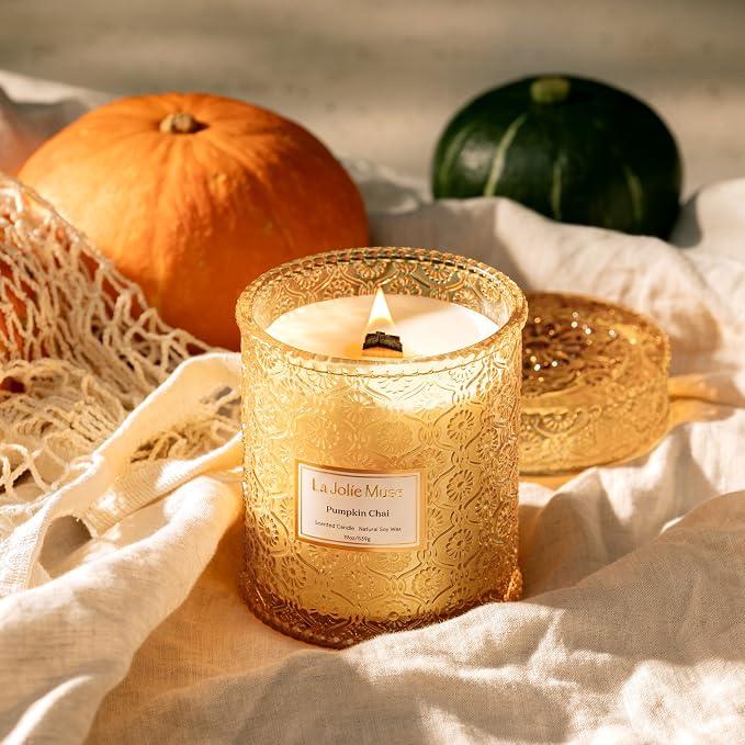 Pumpkin Chai Candle – Pumpkin, Spicy Chai & Vanilla Scent | 19 oz Large Wooden Wick| Natural Soy Wax | 90