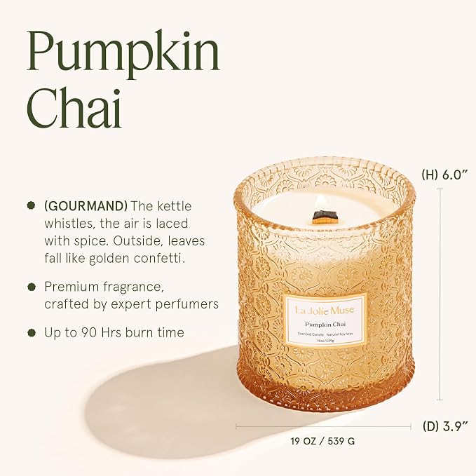 Pumpkin Chai Candle – Pumpkin, Spicy Chai & Vanilla Scent | 19 oz Large Wooden Wick| Natural Soy Wax | 90