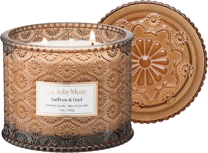 Saffron & Oud Candle - Incense, Oud, Red Saffron | 12 oz Large 2-Wick Soy Wax Candle | 60 Hours Clean Burn