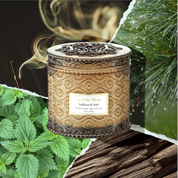 Saffron & Oud Candle - Incense, Oud, Red Saffron | 12 oz Large 2-Wick Soy Wax Candle | 60 Hours Clean Burn