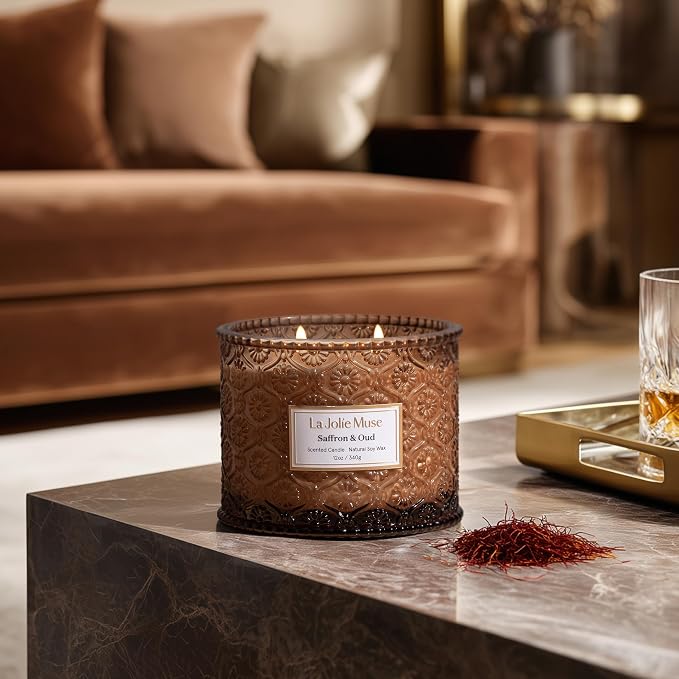 Saffron & Oud Candle - Incense, Oud, Red Saffron | 12 oz Large 2-Wick Soy Wax Candle | 60 Hours Clean Burn