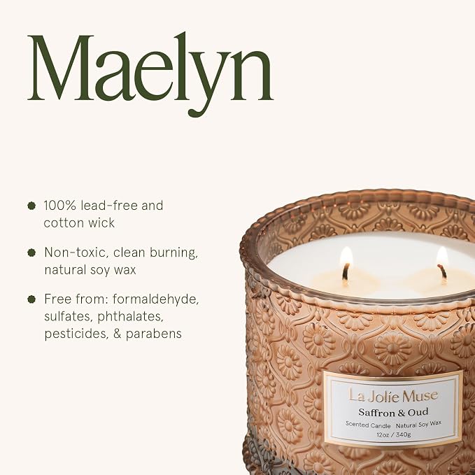 Saffron & Oud Candle - Incense, Oud, Red Saffron | 12 oz Large 2-Wick Soy Wax Candle | 60 Hours Clean Burn