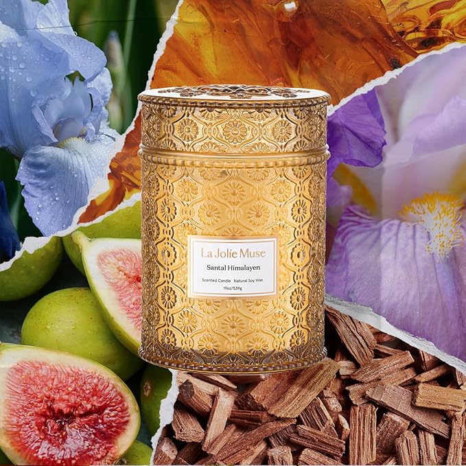 Santal Himalayen Candle - Sandalwood, Fig & Amber |19 oz Large Wooden Wick Candle | Natural Soy Wax | 90