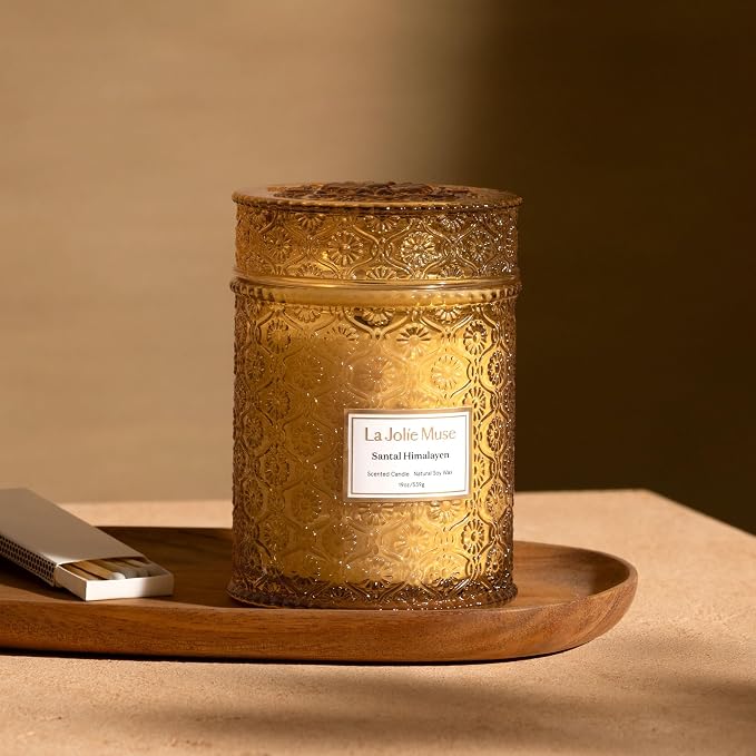 Santal Himalayen Candle - Sandalwood, Fig & Amber |19 oz Large Wooden Wick Candle | Natural Soy Wax | 90