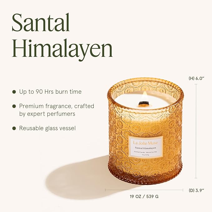 Santal Himalayen Candle - Sandalwood, Fig & Amber |19 oz Large Wooden Wick Candle | Natural Soy Wax | 90