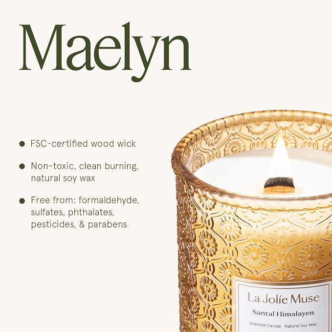 Santal Himalayen Candle - Sandalwood, Fig & Amber |19 oz Large Wooden Wick Candle | Natural Soy Wax | 90