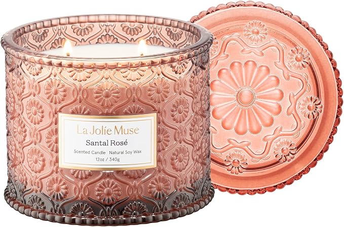 Santal Rosé Candle - Saffron, Rose, Patchouli | 12 oz Large 2-Wick Soy Wax Candle | 60 Hours Clean Burn
