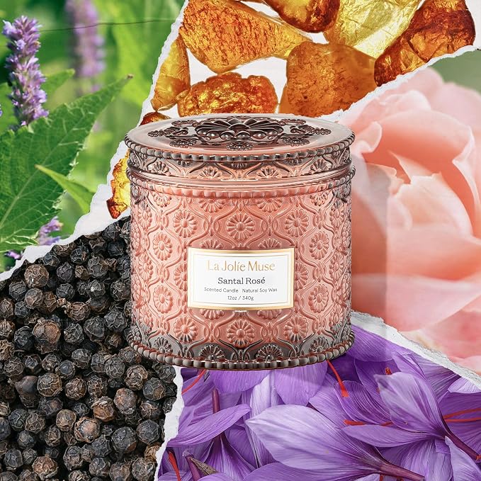 Santal Rosé Candle - Saffron, Rose, Patchouli | 12 oz Large 2-Wick Soy Wax Candle | 60 Hours Clean Burn