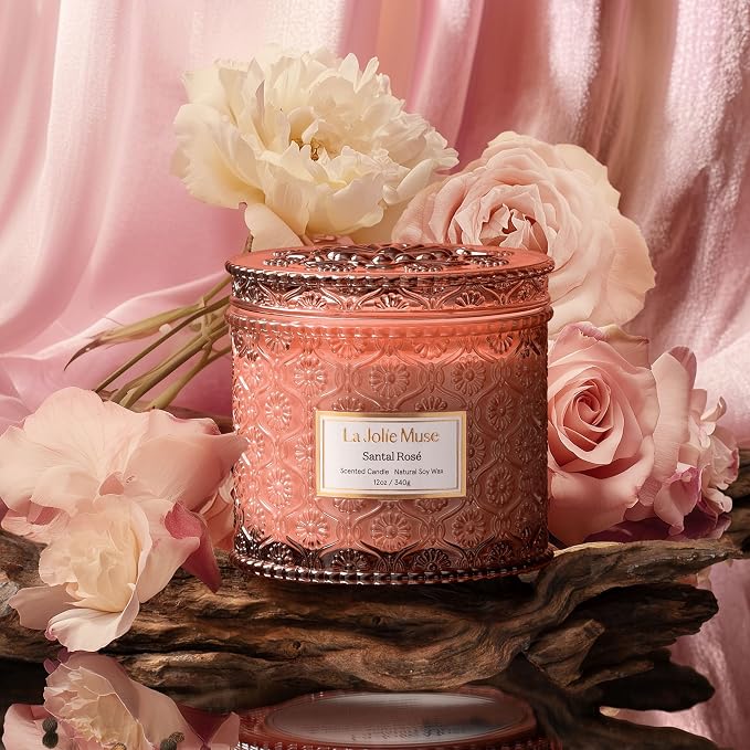 Santal Rosé Candle - Saffron, Rose, Patchouli | 12 oz Large 2-Wick Soy Wax Candle | 60 Hours Clean Burn