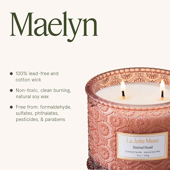 Santal Rosé Candle - Saffron, Rose, Patchouli | 12 oz Large 2-Wick Soy Wax Candle | 60 Hours Clean Burn