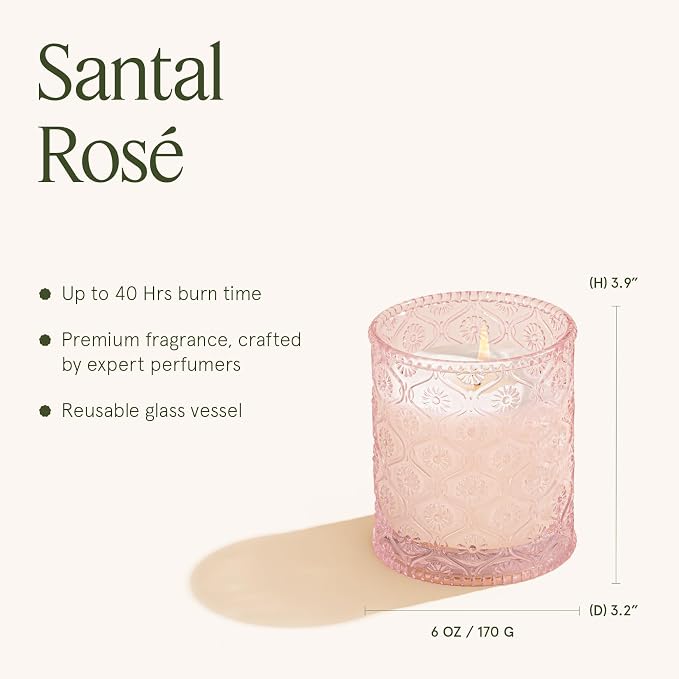 Santal Rose Scented Candle – Saffron, Rose & Leather | 6 oz Natural Soy Wax | 40 Hours Clean Burn | Self