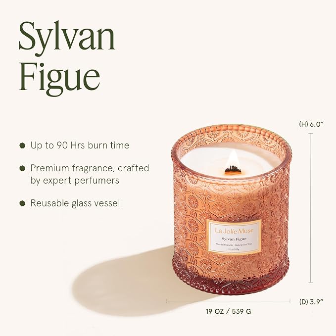 Sylvan Figue Candle | Fig Leaf, Red Berries, Sandalwood | 19 oz Large Wooden Wick Candle | Natural Soy Wax