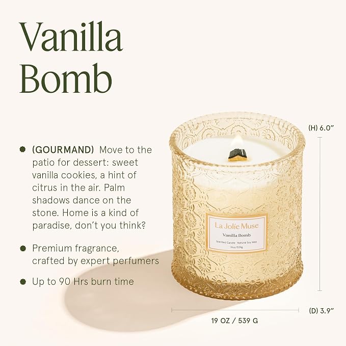 Vanilla Bomb Candle| Vanilla, Lemon Zest & Patchouli |19 oz Large Wooden Wick | Natural Soy Wax | 90 Hours