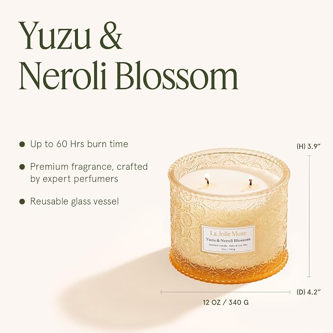 Yuzu & Neroli Blossom Candle - Yuzu, Orange Blossom, Cedarwood | 12 oz Large 2-Wick Soy Wax Candle | 60