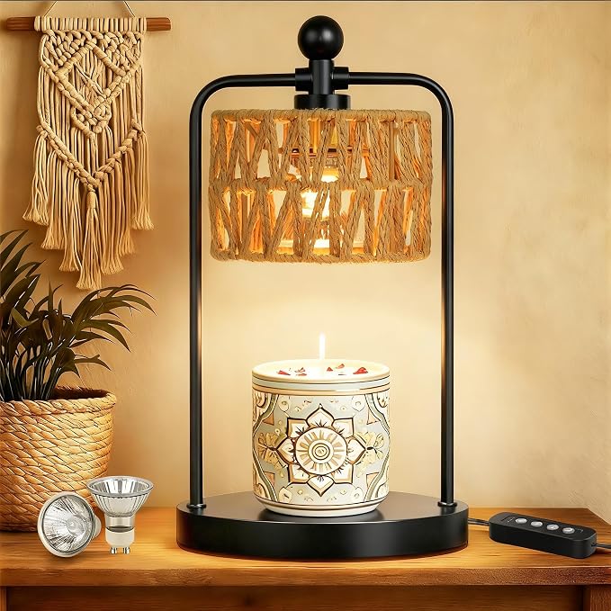 Lamp Candle Warmer Lamp with Timer Dimmer, Candle Warmer for Jar Candles Lights, Boho Candle Lamp Warmer with 2 Bulbs