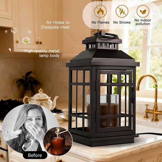 Lantern Candle Warmer with Timer Enclosed Metal Cross Design, Flameless Dimmable Warmer for Large Jar Candles, alternate