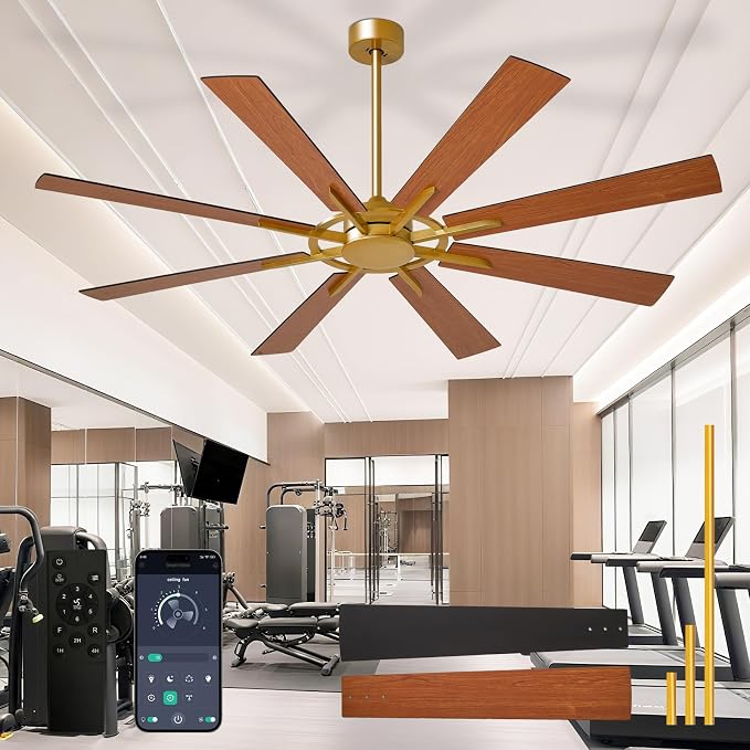 Large Ceiling Fan No Light: Modern 66 Inch 8 Blade Outdoor Ceiling Fans with Remote APP Control - Black Gold Big Fan without