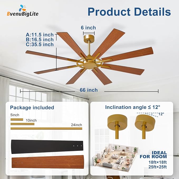 Large Ceiling Fan No Light: Modern 66 Inch 8 Blade Outdoor Ceiling Fans with Remote APP Control - Black Gold Big Fan without