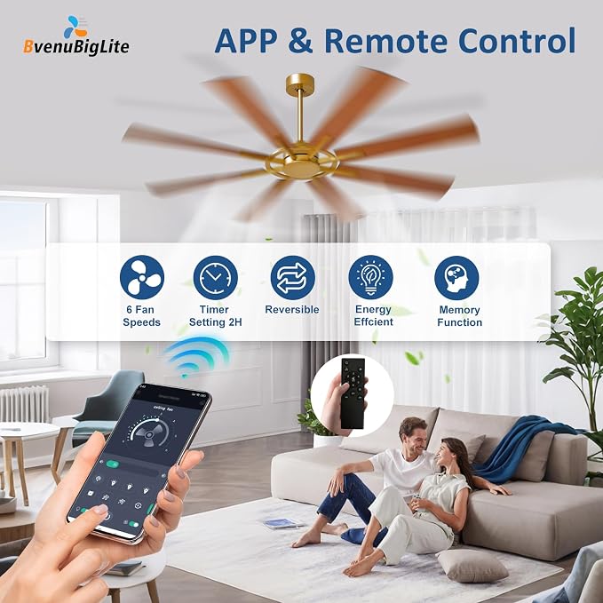 Large Ceiling Fan No Light: Modern 66 Inch 8 Blade Outdoor Ceiling Fans with Remote APP Control - Black Gold Big Fan without