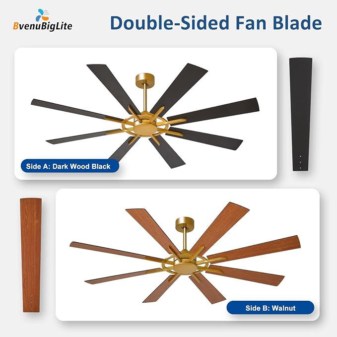 Large Ceiling Fan No Light: Modern 66 Inch 8 Blade Outdoor Ceiling Fans with Remote APP Control - Black Gold Big Fan without