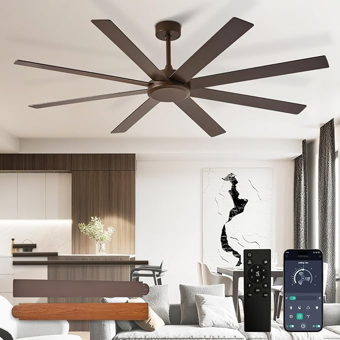 Large Ceiling Fan without Light: 66 Inch Indoor/Outdoor Fan Reversible DC Motor 6 Speed - Dual 8 Blades Big Ceiling Fans with