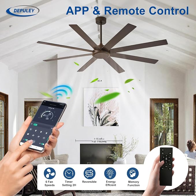 Large Ceiling Fan without Light: 66 Inch Indoor/Outdoor Fan Reversible DC Motor 6 Speed - Dual 8 Blades Big Ceiling Fans with