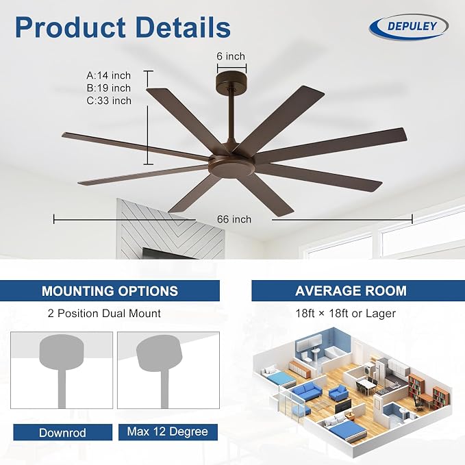 Large Ceiling Fan without Light: 66 Inch Indoor/Outdoor Fan Reversible DC Motor 6 Speed - Dual 8 Blades Big Ceiling Fans with