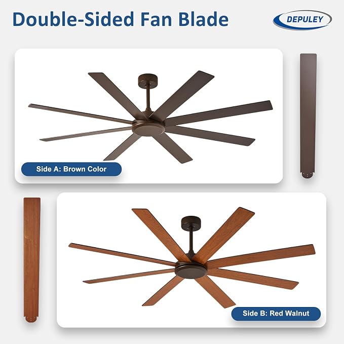 Large Ceiling Fan without Light: 66 Inch Indoor/Outdoor Fan Reversible DC Motor 6 Speed - Dual 8 Blades Big Ceiling Fans with