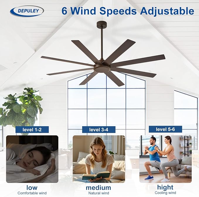Large Ceiling Fan without Light: 66 Inch Indoor/Outdoor Fan Reversible DC Motor 6 Speed - Dual 8 Blades Big Ceiling Fans with
