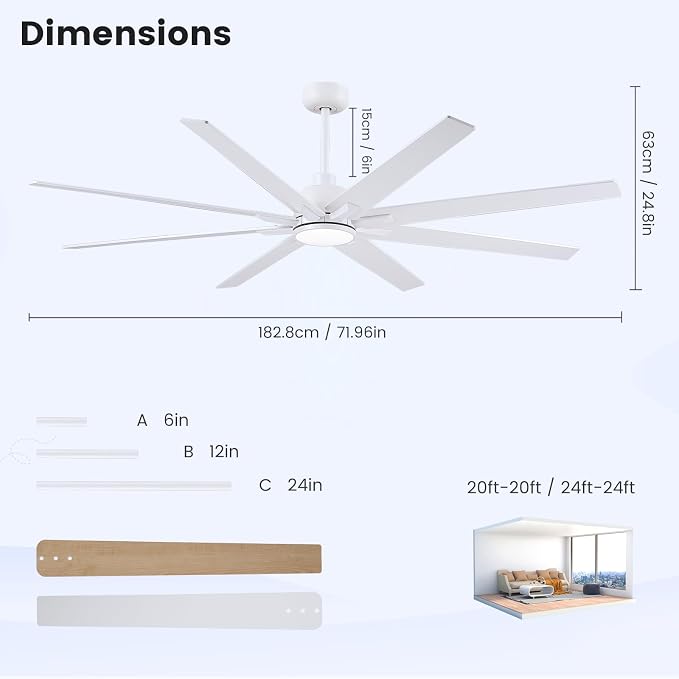 Large Ceiling Fans with Lights, 72 Inch Ceiling Fan with Remote for Bedroom Living Room Kitchen Library Cafe