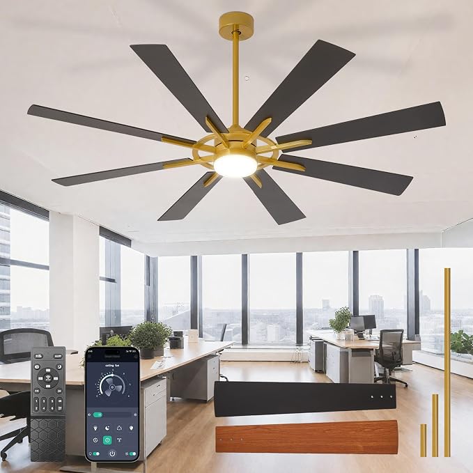 Large Ceiling Fans with Lights: Modern 66 Inch 8 Blade Outdoor Ceiling Fan with Remote APP Control - Dimmable Black Gold Big