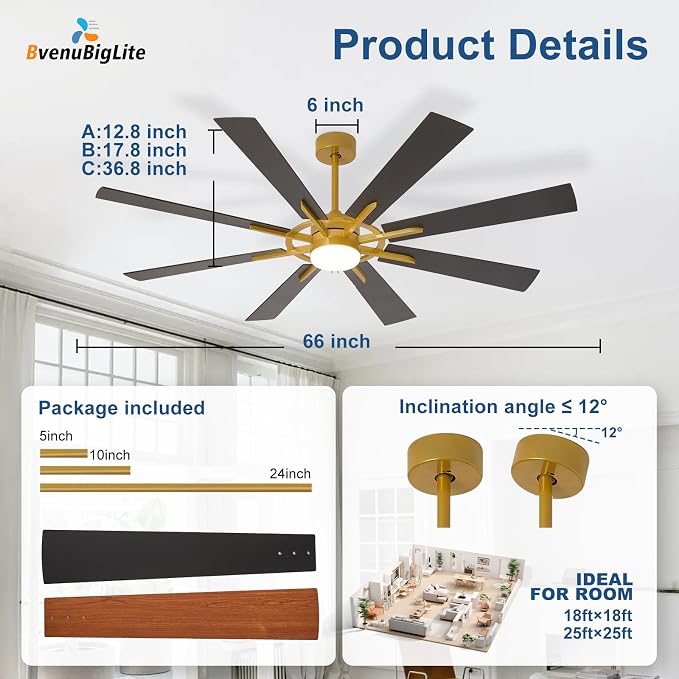 Large Ceiling Fans with Lights: Modern 66 Inch 8 Blade Outdoor Ceiling Fan with Remote APP Control - Dimmable Black Gold Big