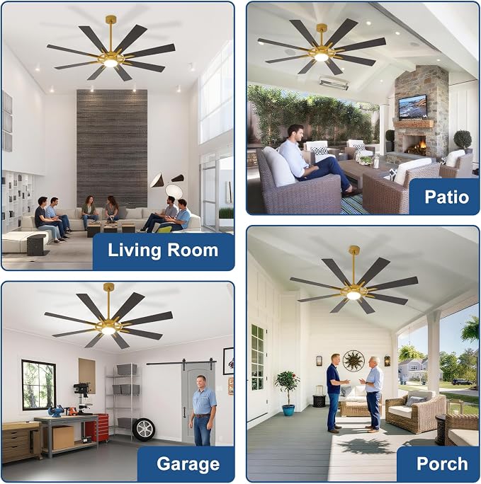 Large Ceiling Fans with Lights: Modern 66 Inch 8 Blade Outdoor Ceiling Fan with Remote APP Control - Dimmable Black Gold Big