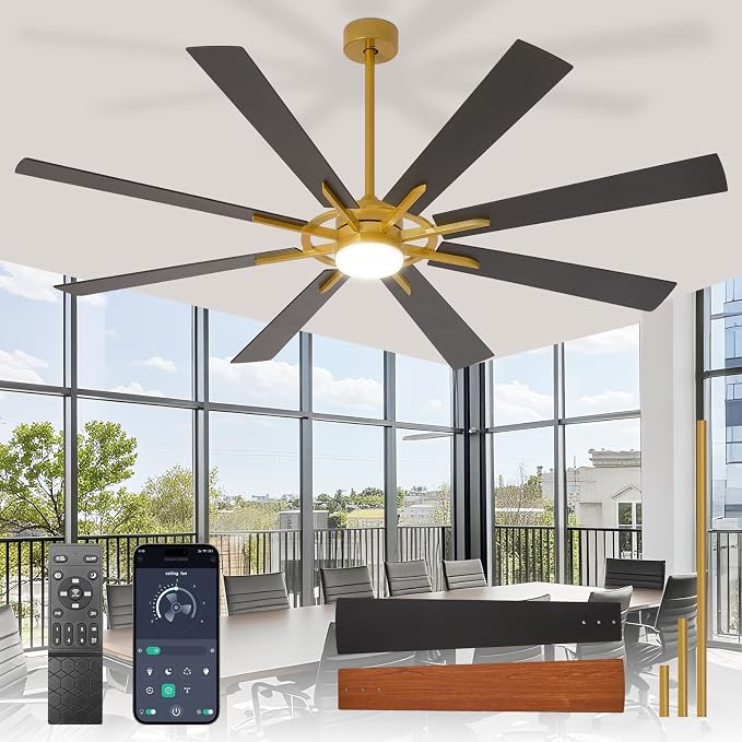 Large Ceiling Fans with Lights: Modern 72 Inch 8 Blade Outdoor Ceiling Fan with Remote APP Control - Dimmable Black Gold Big