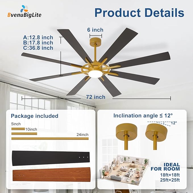 Large Ceiling Fans with Lights: Modern 72 Inch 8 Blade Outdoor Ceiling Fan with Remote APP Control - Dimmable Black Gold Big
