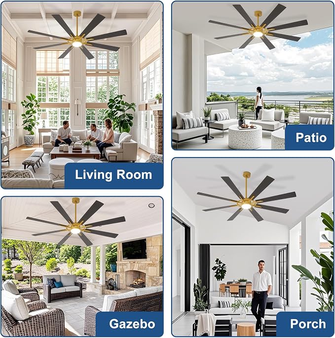 Large Ceiling Fans with Lights: Modern 72 Inch 8 Blade Outdoor Ceiling Fan with Remote APP Control - Dimmable Black Gold Big