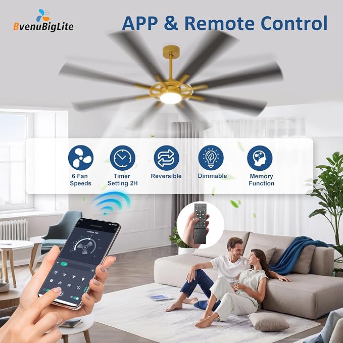 Large Ceiling Fans with Lights: Modern 72 Inch 8 Blade Outdoor Ceiling Fan with Remote APP Control - Dimmable Black Gold Big