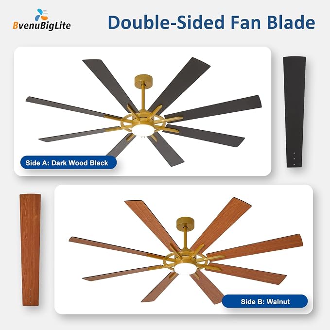 Large Ceiling Fans with Lights: Modern 72 Inch 8 Blade Outdoor Ceiling Fan with Remote APP Control - Dimmable Black Gold Big