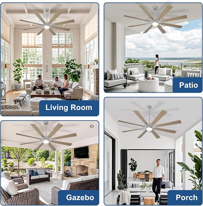 Large Ceiling Fans with Lights: Modern 72 Inch 8 Blade Outdoor Ceiling Fan with Remote APP Control - Dimmable Wood Big Fan