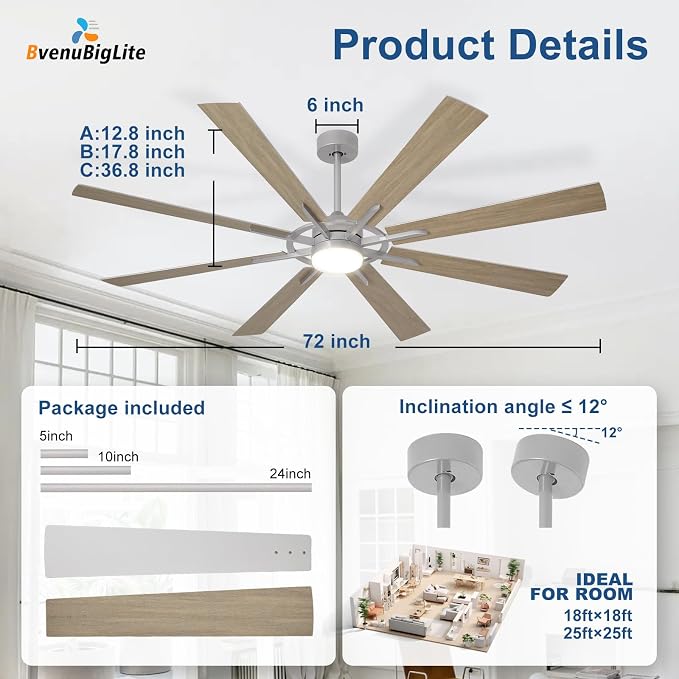 Large Ceiling Fans with Lights: Modern 72 Inch 8 Blade Outdoor Ceiling Fan with Remote APP Control - Dimmable Wood Big Fan