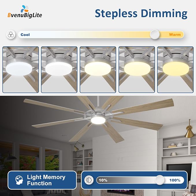 Large Ceiling Fans with Lights: Modern 72 Inch 8 Blade Outdoor Ceiling Fan with Remote APP Control - Dimmable Wood Big Fan