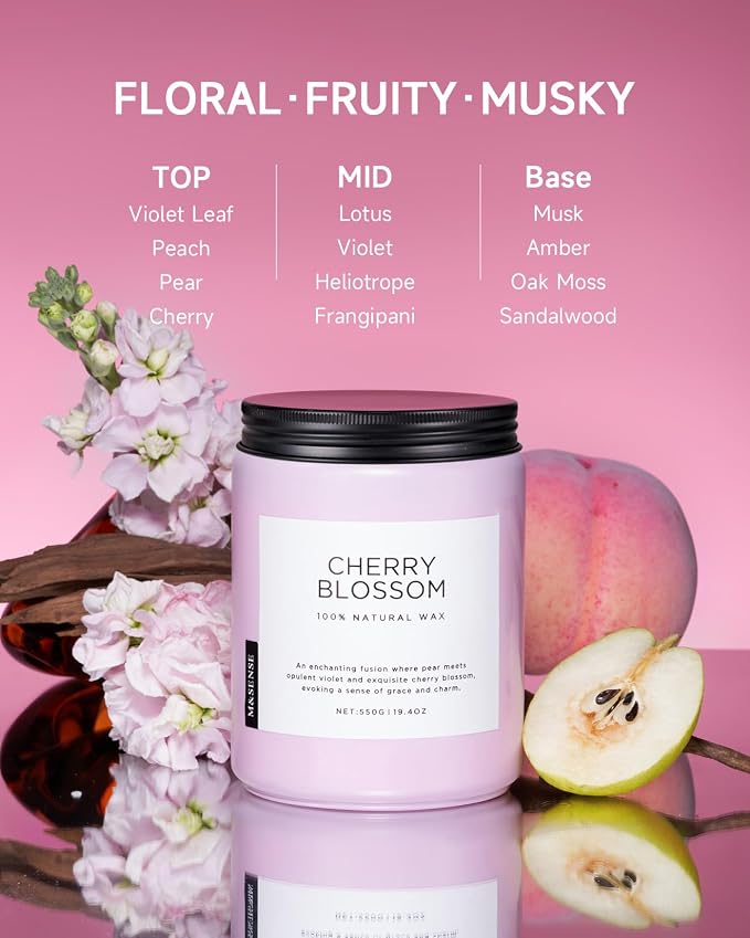 Large Cherry Blossom Scented Candle, 19.4oz Natural Soy Wax, 110-Hour Long Lasting, alternate product view 2