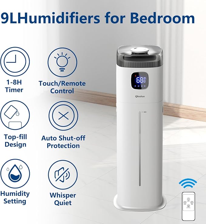 Large Humidifier for Bedroom, 9L/2.5Gal Ultrasonic Cool Mist, Easy Clean with 350ML/H Large Mist Speed, Remote control, Quiet