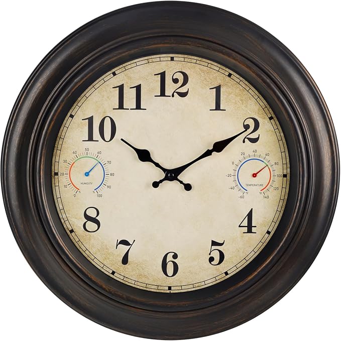 Large Outdoor Clock with Thermometer & Hygrometer – 18 Inch Bronze Vintage Farmhouse Decor Waterproof Wall Clock for Patio