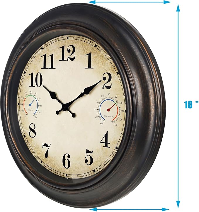 Large Outdoor Clock with Thermometer & Hygrometer – 18 Inch Bronze Vintage Farmhouse Decor Waterproof Wall Clock for Patio