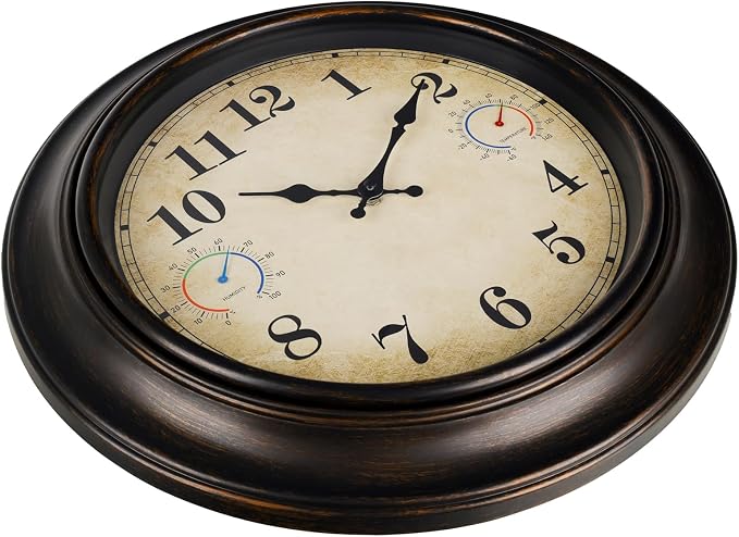 Large Outdoor Clock with Thermometer & Hygrometer – 18 Inch Bronze Vintage Farmhouse Decor Waterproof Wall Clock for Patio
