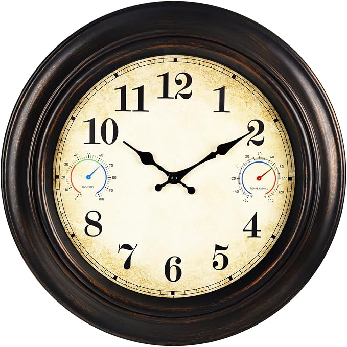 Large Outdoor Clock with Thermometer & Hygrometer – 18 Inch Bronze Vintage Farmhouse Decor Waterproof Wall Clock for Patio